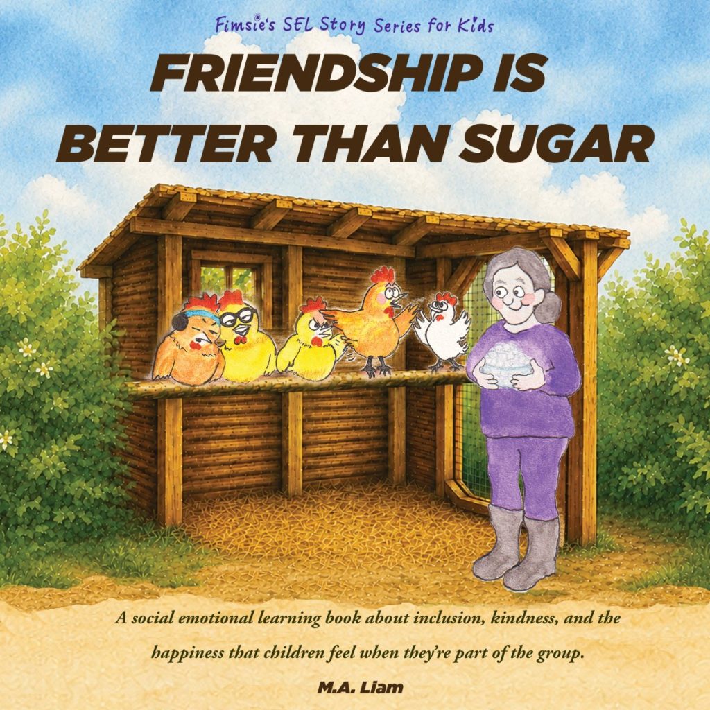 Book cover: Friendship Is Better Than Sugar — five hens on a perch in a wooden coop and a woman holding a bowl of sugar cubes