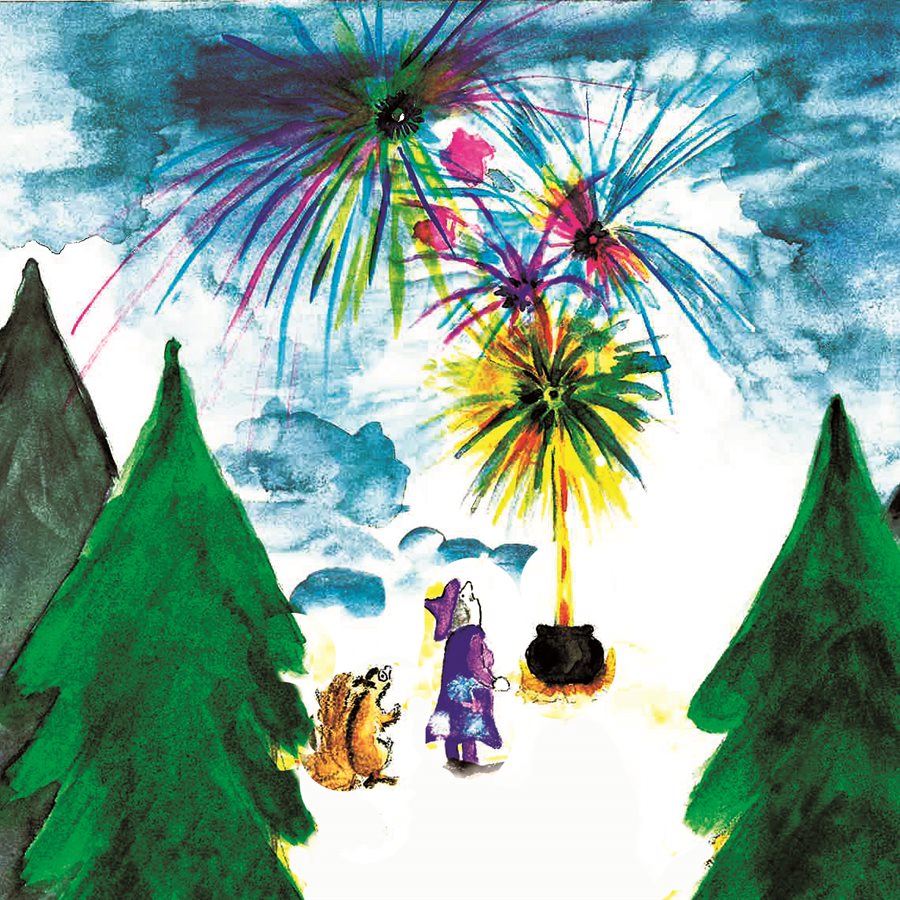 Watercolor illustration: Fimsie and a squirrel watching colourful fireworks between fir trees