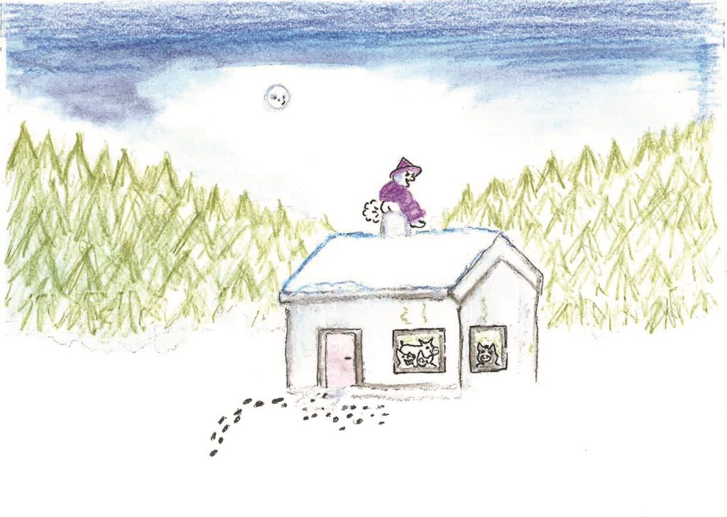 Watercolor illustration: a hen on the roof of a small house in a snowy forest under a night sky